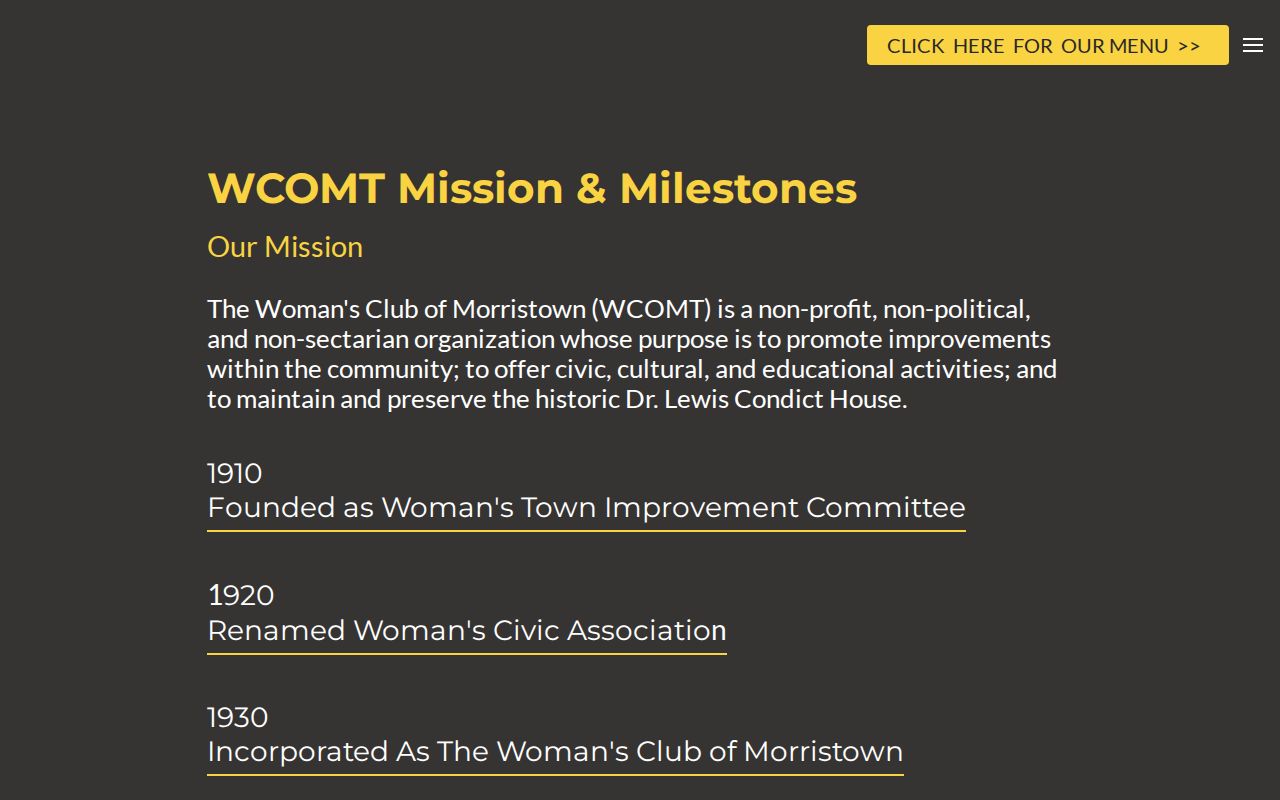 Morristown civic-history view of the Woman's Club mission and milestones page