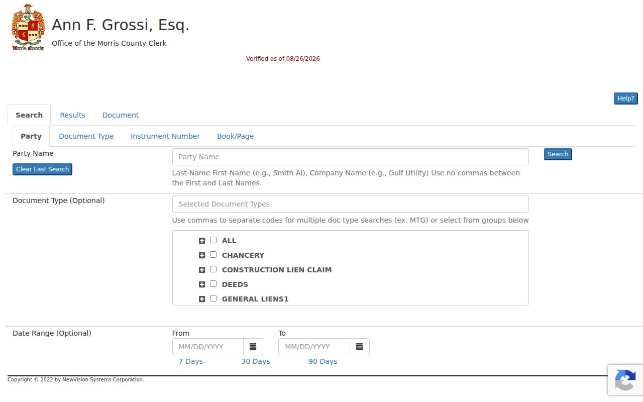 Morris County Clerk public property search interface for a Morristown deed-chain search