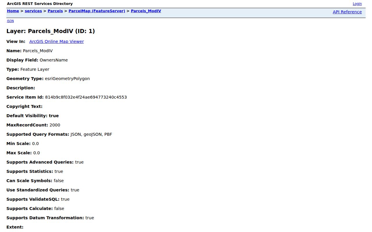 Morristown street directory view of Morris County parcel FeatureServer fields